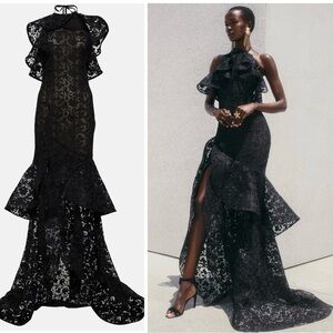 OSCAR DE LA RENTA Ruffled guipure lace gown Black Maxi Dress